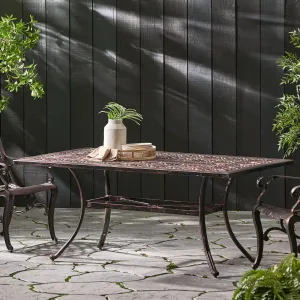 Outdoor Rectangular Cast Aluminum Dining Table with Floral-Cut Design, Seats 6, Shiny Copper Finish