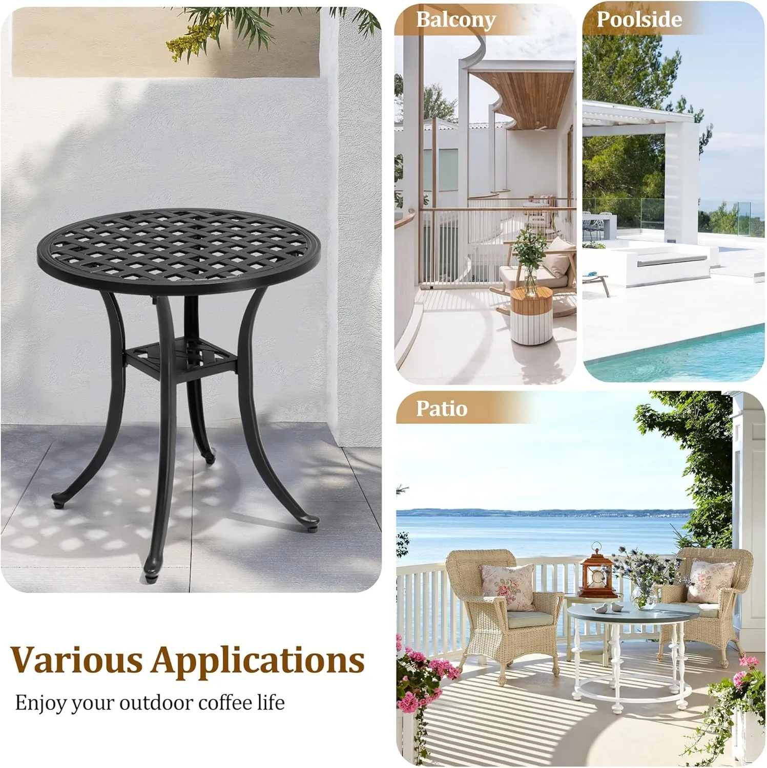 Outdoor Side Table Cast Aluminum Metal Table Weather Resistant Small Patio Table for Garden, Pool, Balcony Table