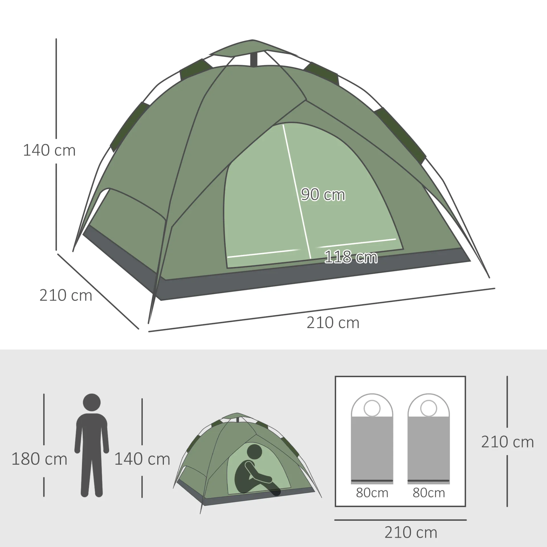 Outsunny 2 Man Pop Up Tent Camping Festival Hiking Family Travel Shelter Portable Double Layer Automatic Outdoor