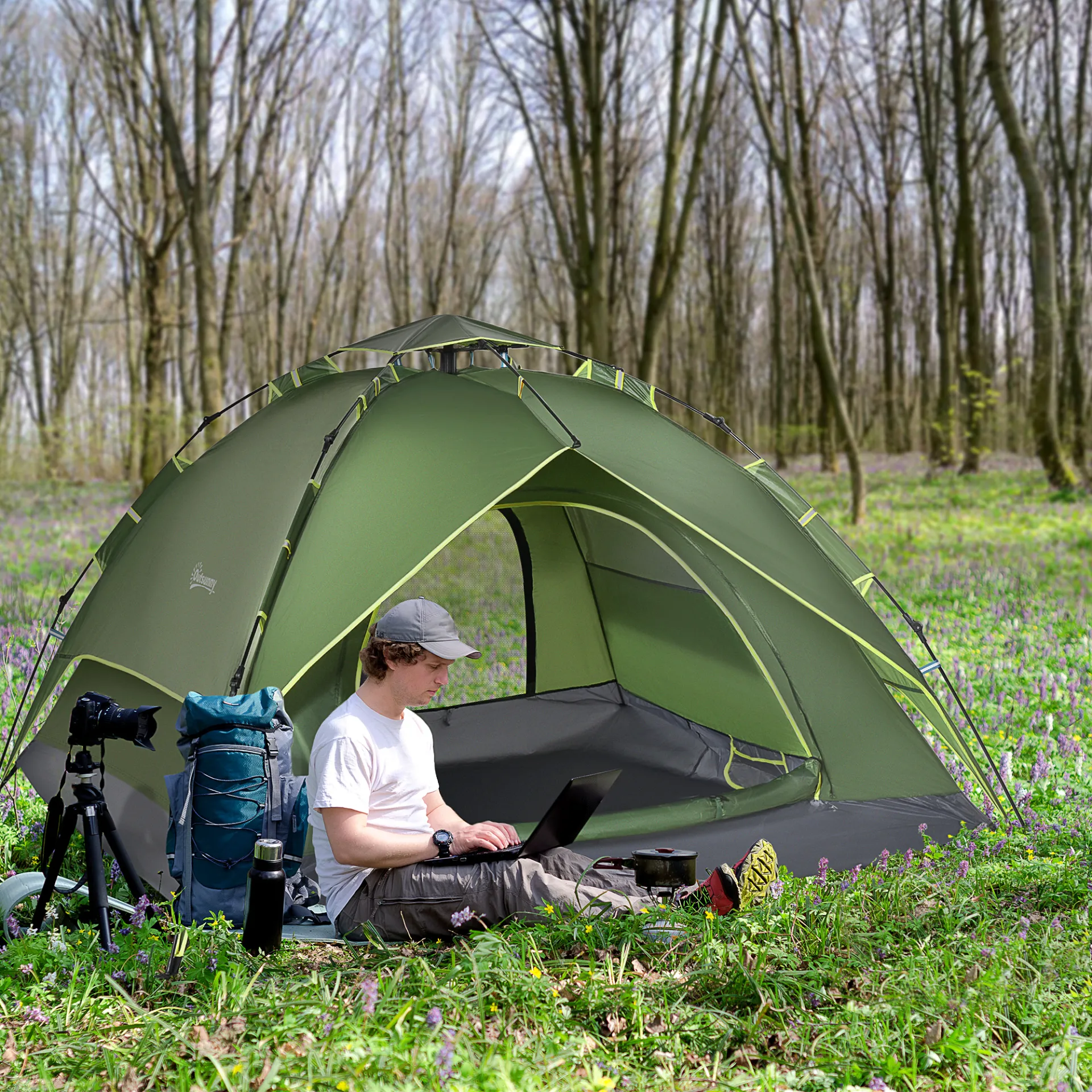 Outsunny 2 Man Pop Up Tent Camping Festival Hiking Family Travel Shelter Portable Double Layer Automatic Outdoor