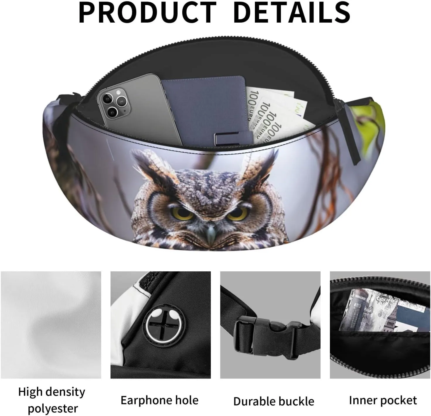 Owl on a branch Fanny Pack for Man Women Waist Bag Adjustable Belt Casual Chest Bag Bum Bags for Travel Sports Running Hiking Waist Packs