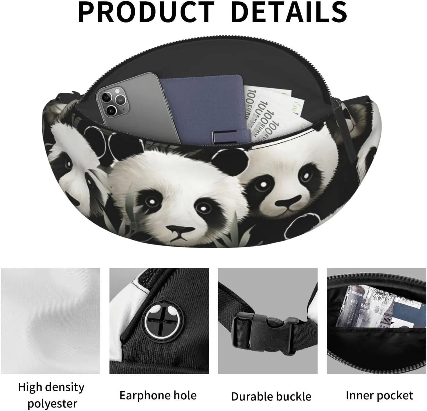 Panda Graphic Black and White Fanny Pack for Man Women Waist Bag Adjustable Belt Casual Chest Bag Bum Bags for Travel Sports Running Hiking Waist Packs
