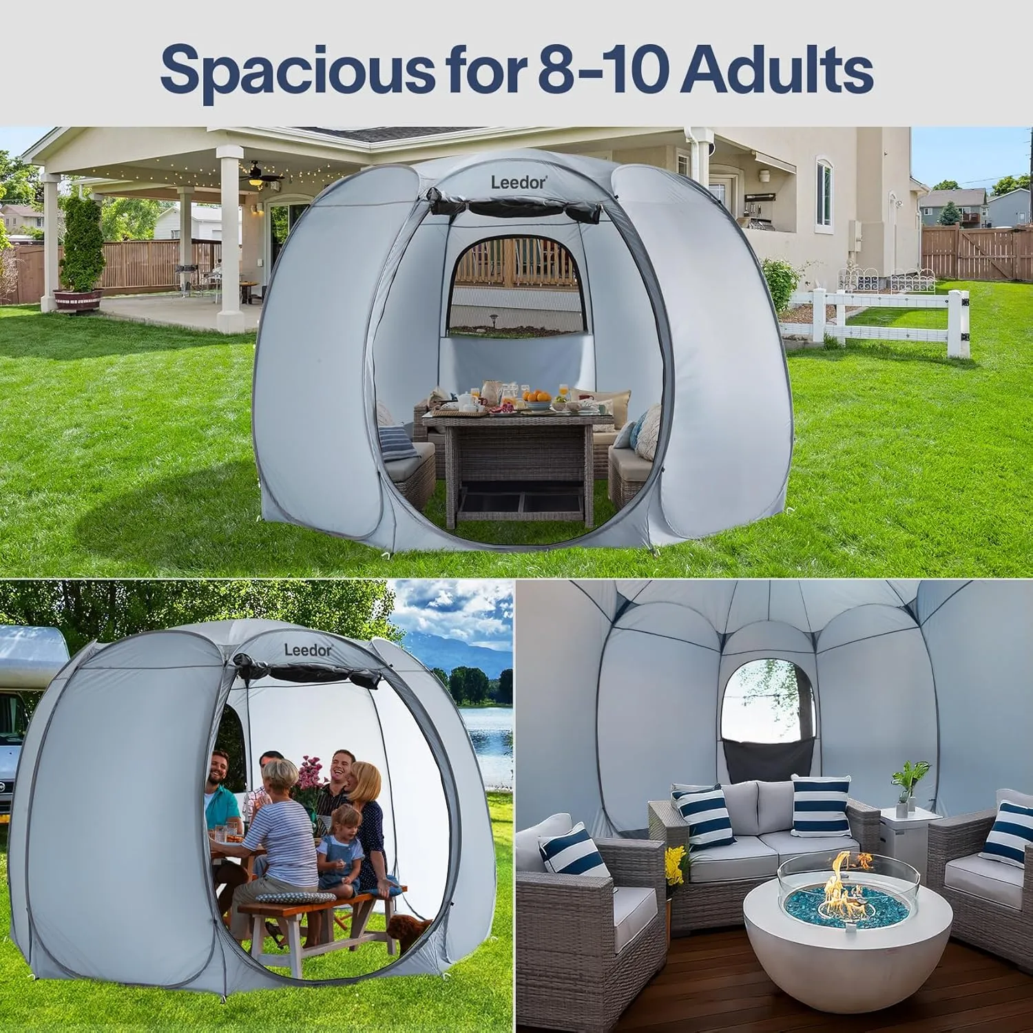 Patio Gazebo Screen House Room, LEEDOR Pop Up Outdoor Gazebo Tent with Roll Up Mosquito Netting, Easy Setup & Waterproof & Sunshade, Suitable for Camping Trip, Backyard, Beach, Picnic - Grey
