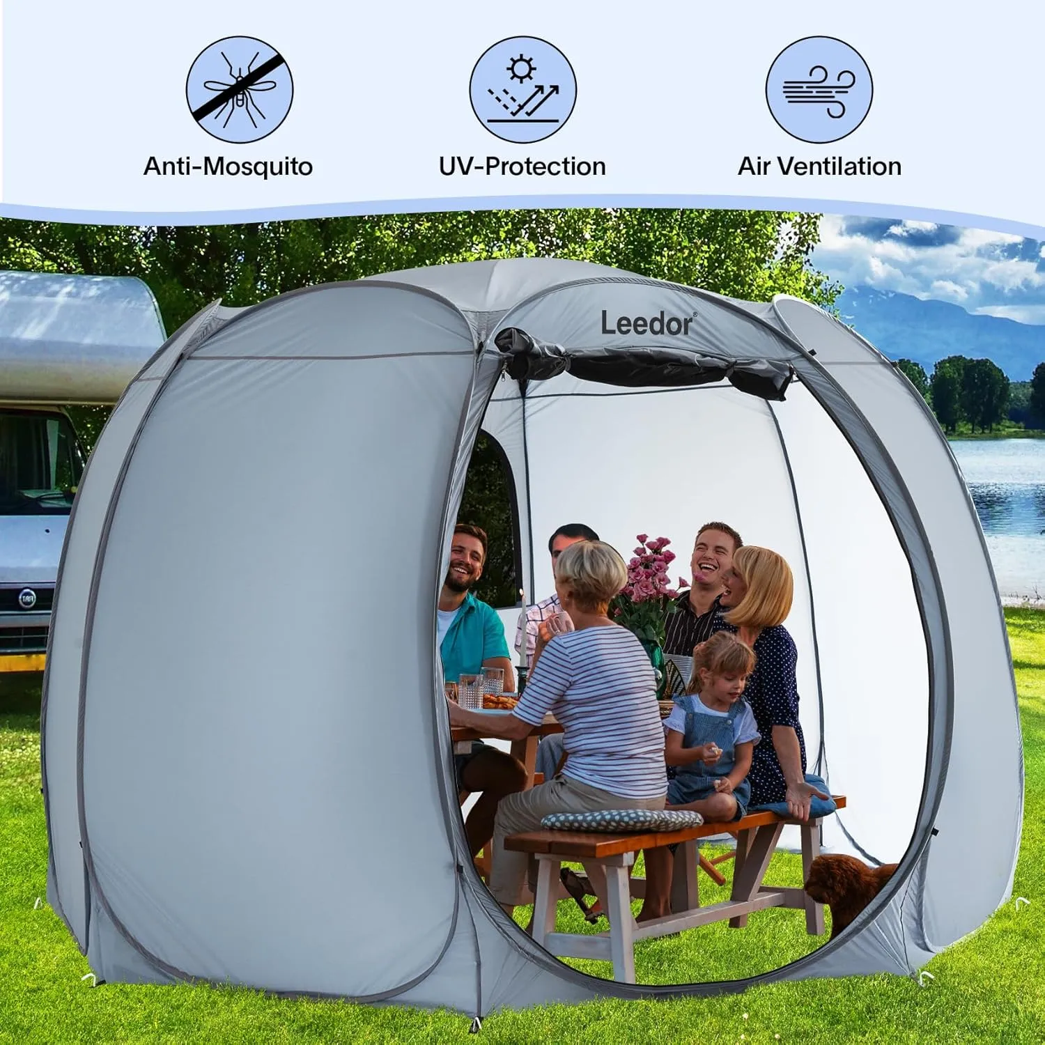 Patio Gazebo Screen House Room, LEEDOR Pop Up Outdoor Gazebo Tent with Roll Up Mosquito Netting, Easy Setup & Waterproof & Sunshade, Suitable for Camping Trip, Backyard, Beach, Picnic - Grey