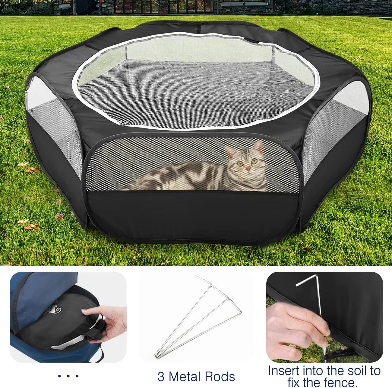 Pawaboo Small Animals Playpen, Waterproof Small Pet Cage Tent with Zippered Cover, Portable Outdoor Yard Fence with 3 Metal Rod for Kitten/Puppy/Guinea Pig/Rabbits/Hamster/Chinchillas, Black