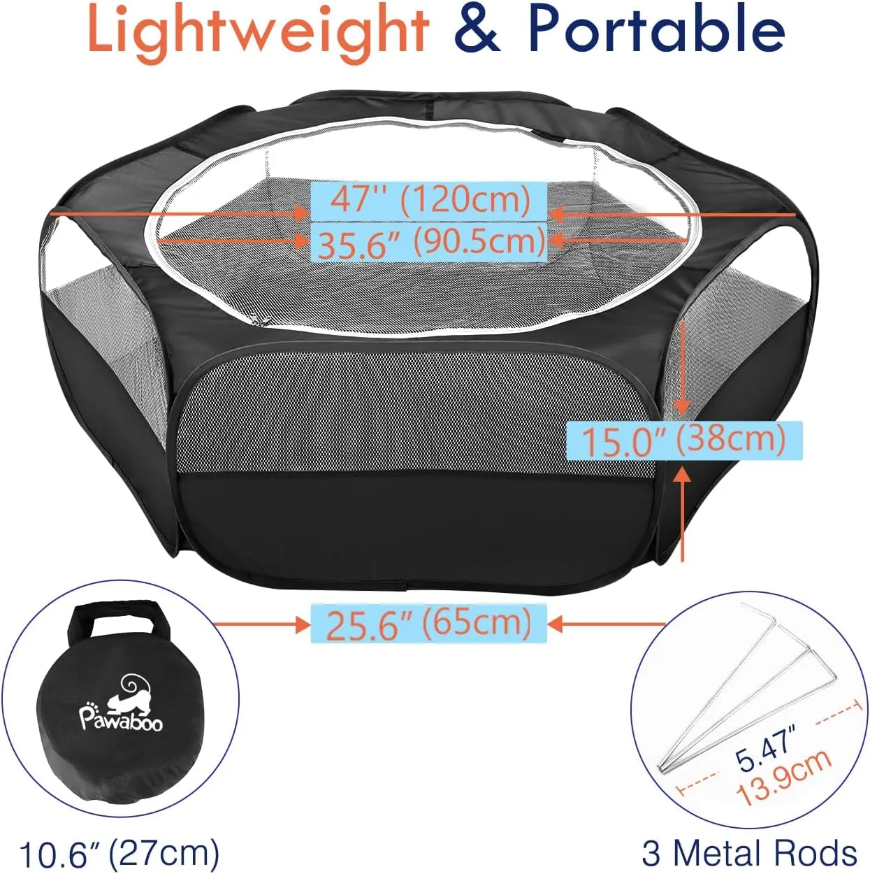 Pawaboo Small Animals Playpen, Waterproof Small Pet Cage Tent with Zippered Cover, Portable Outdoor Yard Fence with 3 Metal Rod for Kitten/Puppy/Guinea Pig/Rabbits/Hamster/Chinchillas, Black
