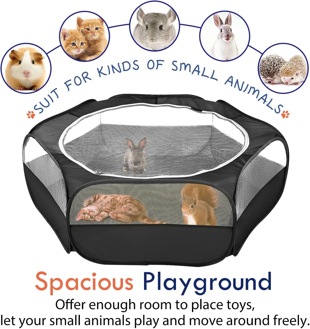Pawaboo Small Animals Playpen, Waterproof Small Pet Cage Tent with Zippered Cover, Portable Outdoor Yard Fence with 3 Metal Rod for Kitten/Puppy/Guinea Pig/Rabbits/Hamster/Chinchillas, Black