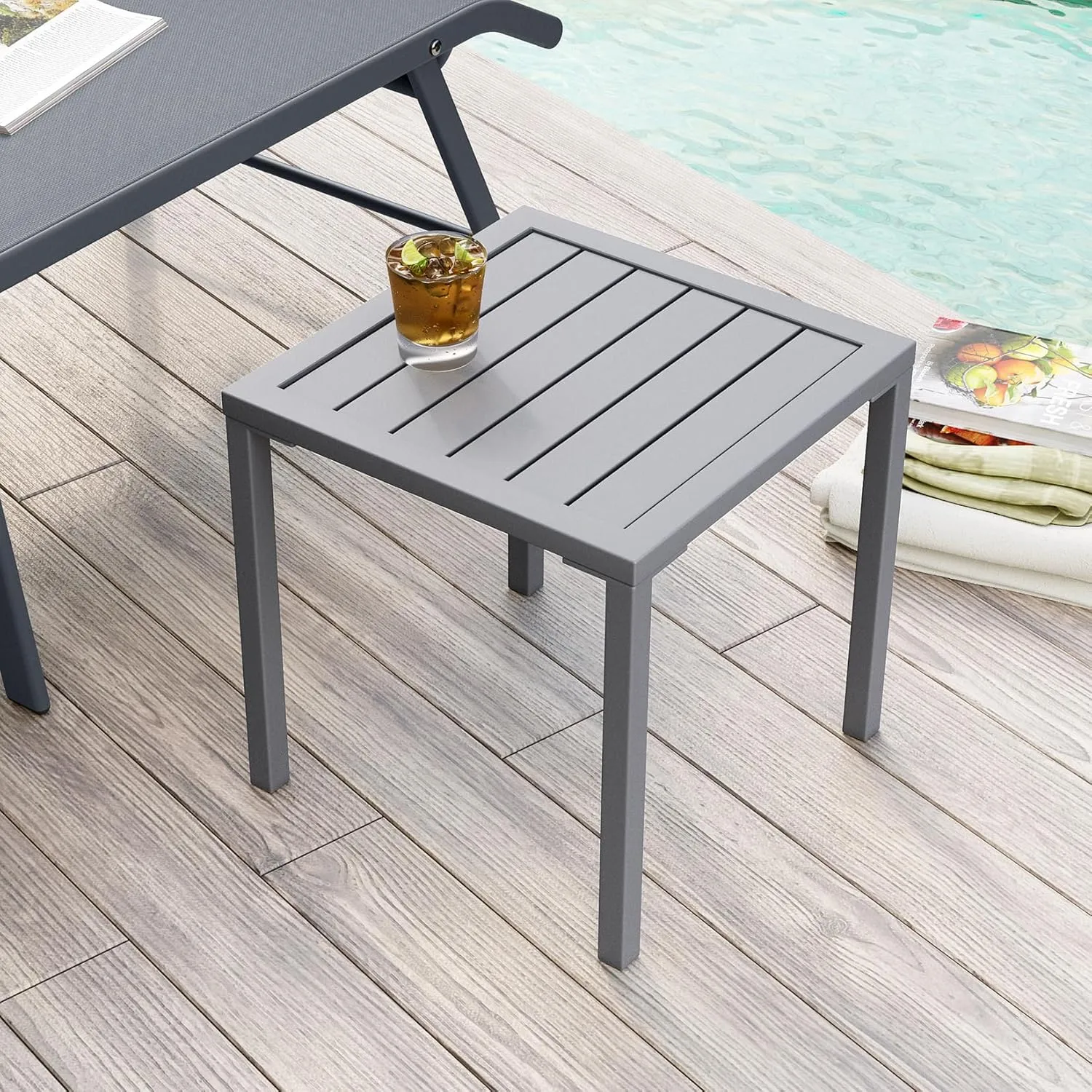Pellebant Indoor Outdoor Small Aluminum Square Side/End Table, Chaise Lounge Table, Patio Coffee Bistro Table, Light Gray,2PC