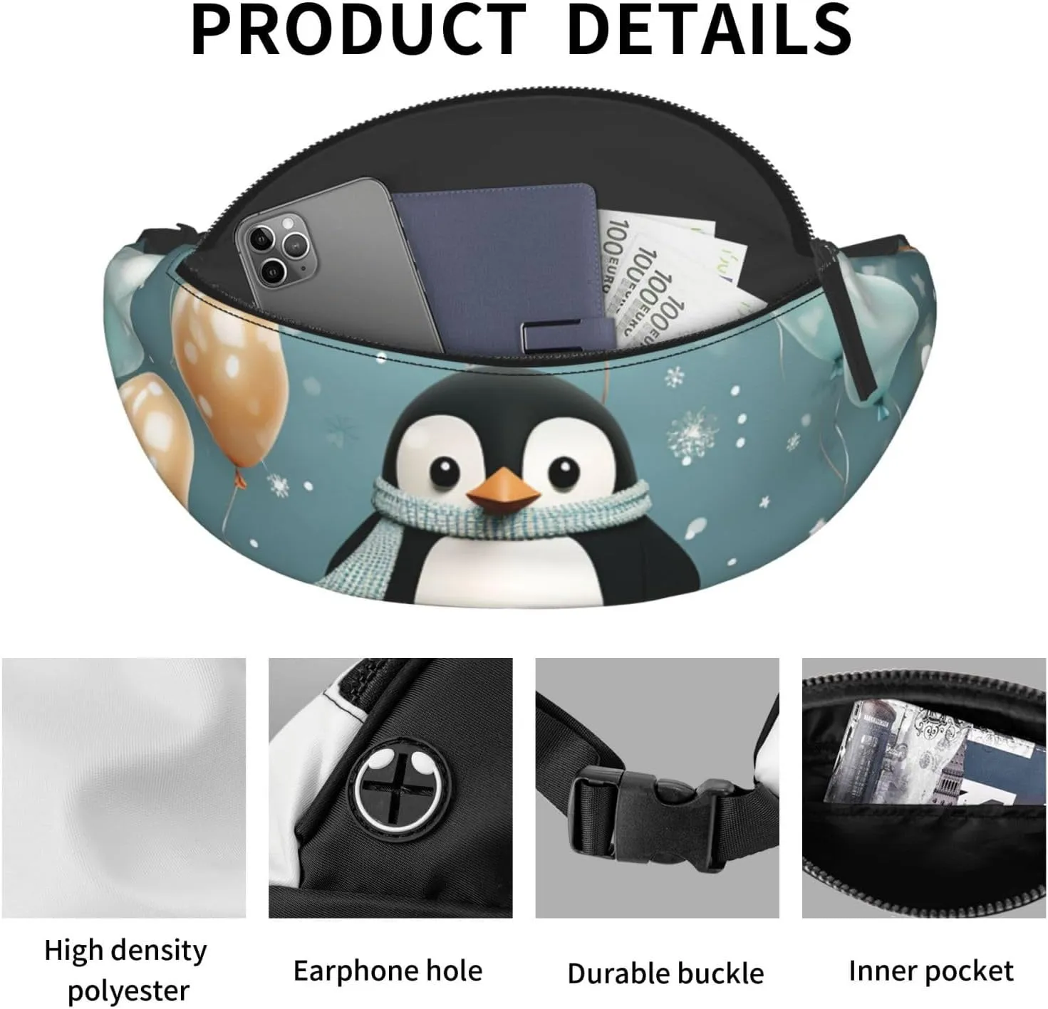 Penguin Balloon Snowflake Fanny Pack for Man Women Waist Bag Adjustable Belt Casual Chest Bag Bum Bags for Travel Sports Running Hiking Waist Packs