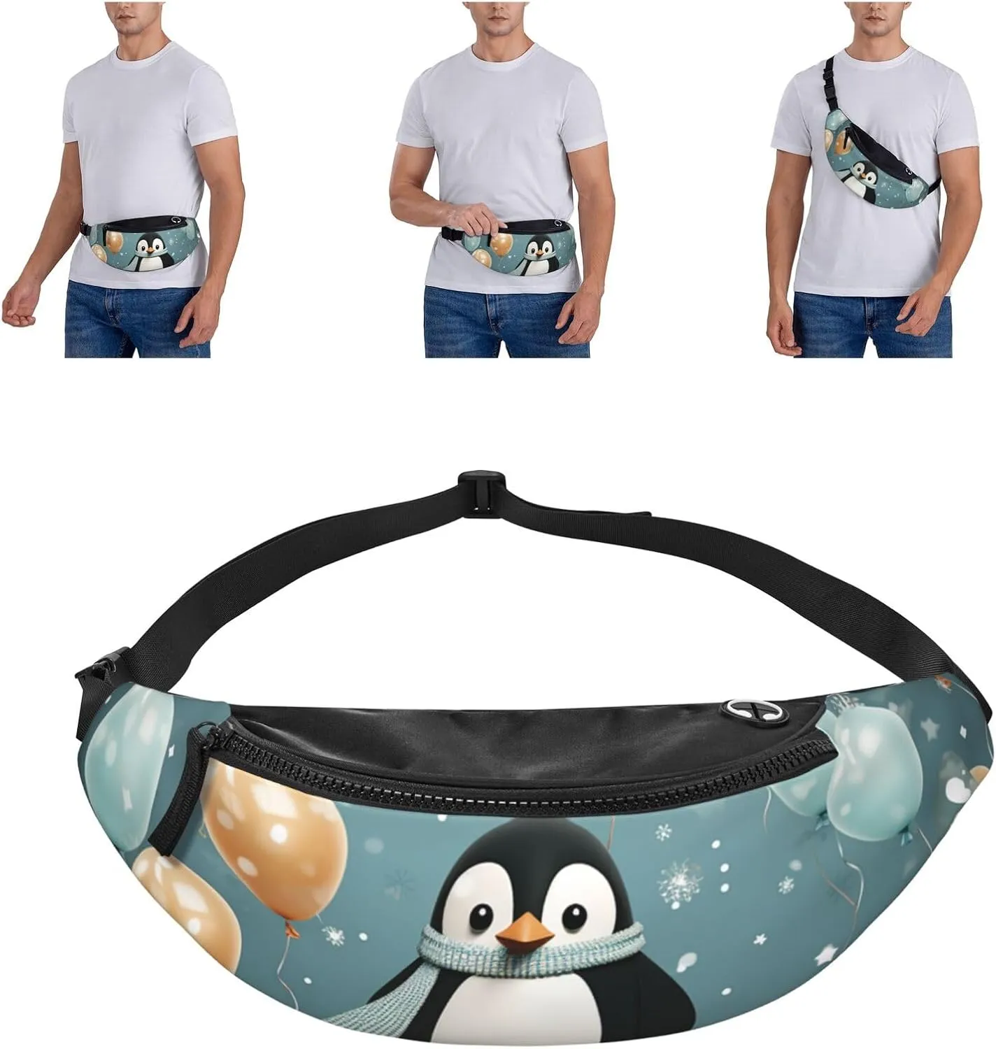 Penguin Balloon Snowflake Fanny Pack for Man Women Waist Bag Adjustable Belt Casual Chest Bag Bum Bags for Travel Sports Running Hiking Waist Packs