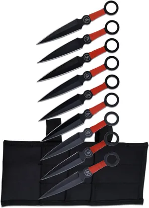 Perfect Point Throwing Knife Set – Set of 9 Throwers, Black Stainless Steel Blades w/Red Cord Wrapped Handles w/Chinese Inscription, Nylon Sheath, Well Balanced, Sport Knives – PP-060-9