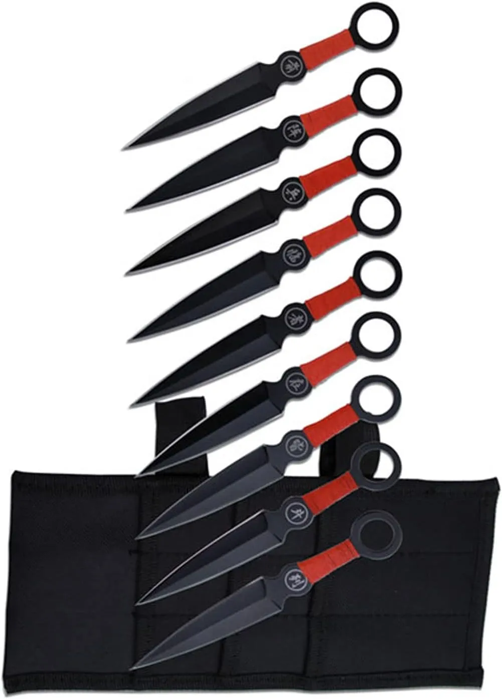 Perfect Point Throwing Knife Set – Set of 9 Throwers, Black Stainless Steel Blades w/Red Cord Wrapped Handles w/Chinese Inscription, Nylon Sheath, Well Balanced, Sport Knives – PP-060-9