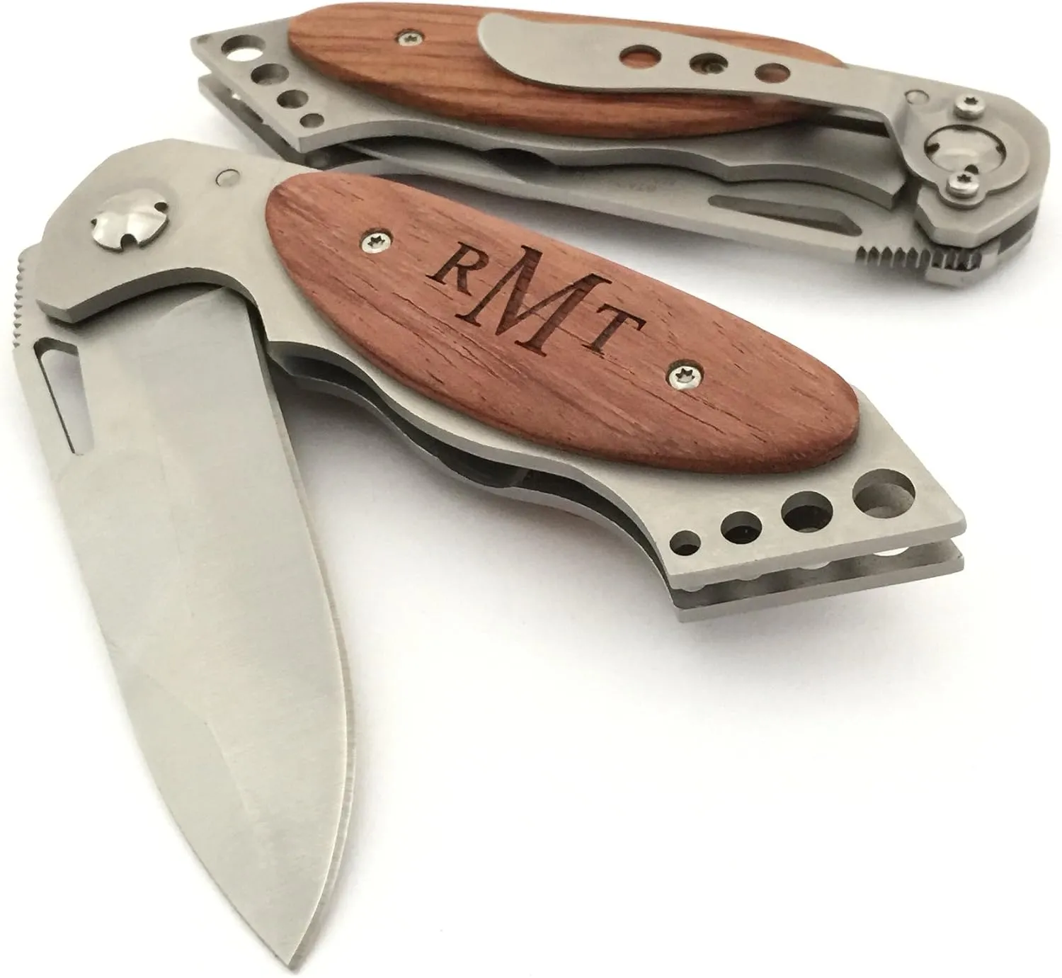 Personalized Pocket Knife Matte Stainless Steel & Wood with Belt Clip Laser Engraving Included in Price