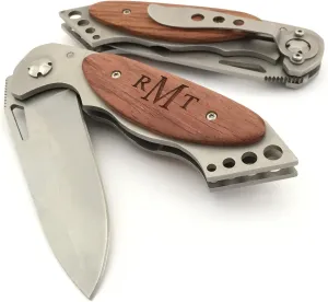 Personalized Pocket Knife Matte Stainless Steel & Wood with Belt Clip Laser Engraving Included in Price