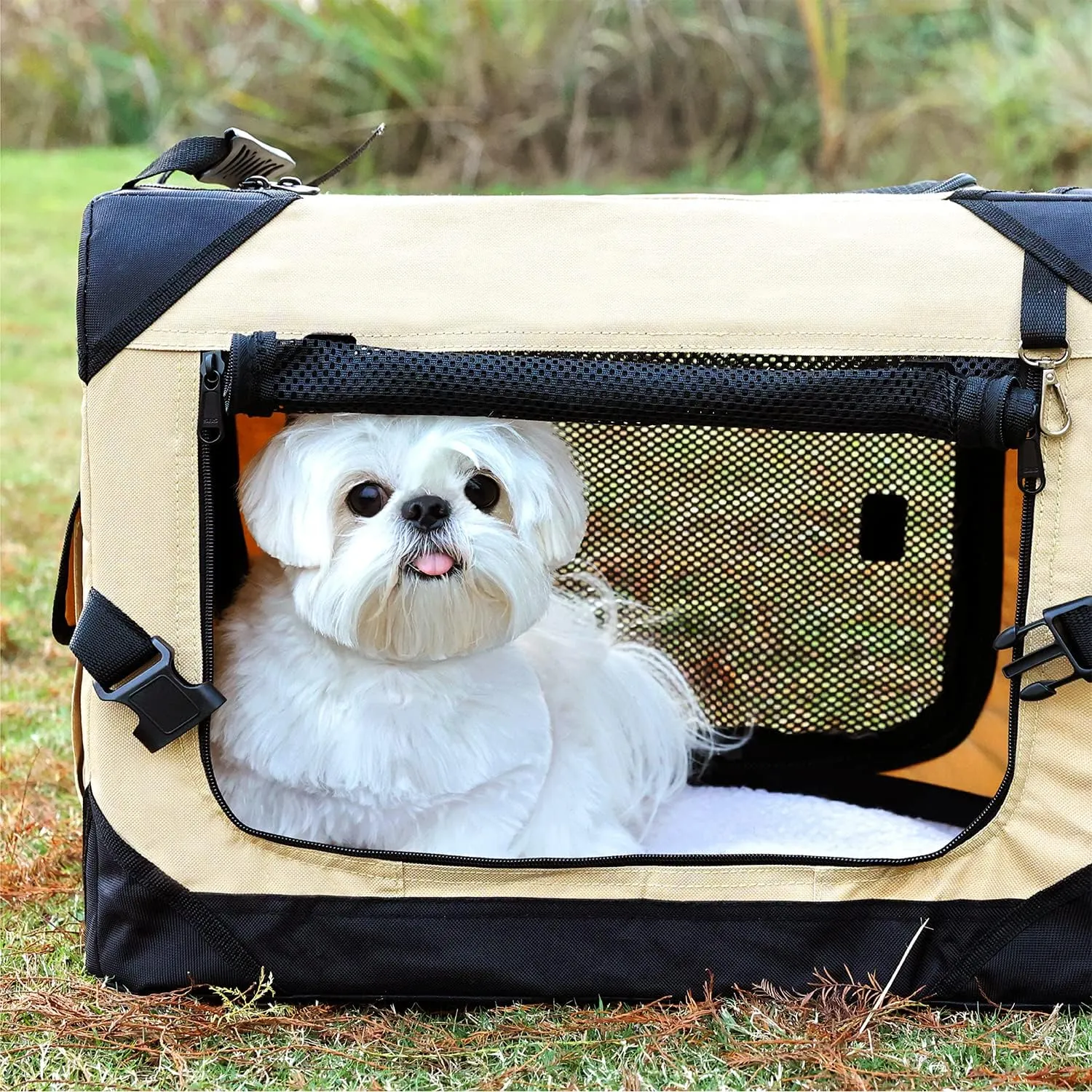 Pettycare 36 Inch Collapsible Dog Crate for Large Dogs, 4-Door Foldable Soft Dog Kennel with Chew Proof Mesh Windows, Indoor & Outdoor Travel Dog Crate, Beige