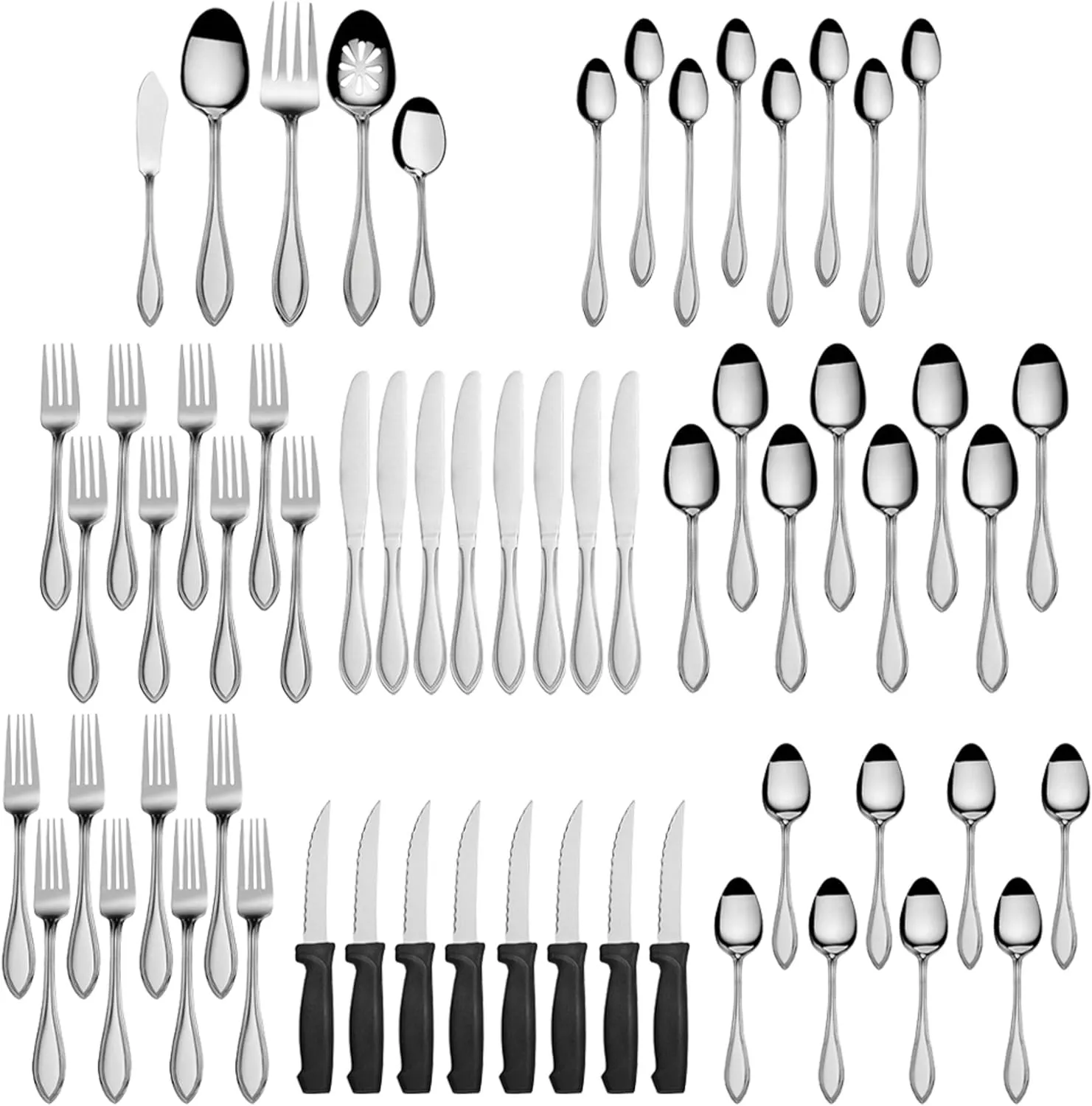 Pfaltzgraff American Bead 61-Piece Stainless Steel Flatware Set with Serving Utensil Set, Steak Knives and Iced Tea Spoons, Service for 8