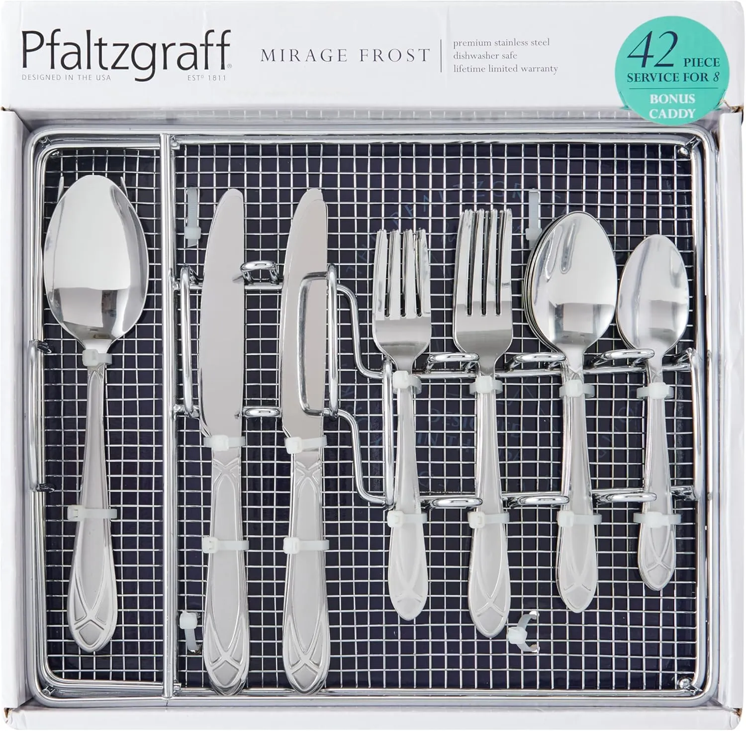 Pfaltzgraff Mirage Frost Everyday Flatware Service for 8, 42 Piece Set, 18/0 Stainless Steel, Silverware Set with Serving Utensils and Caddy