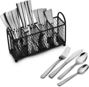 Pfaltzgraff Satin Danford 24-Piece Stainless Steel Flatware Set with Metal Wire Storage Caddy, Service for 6