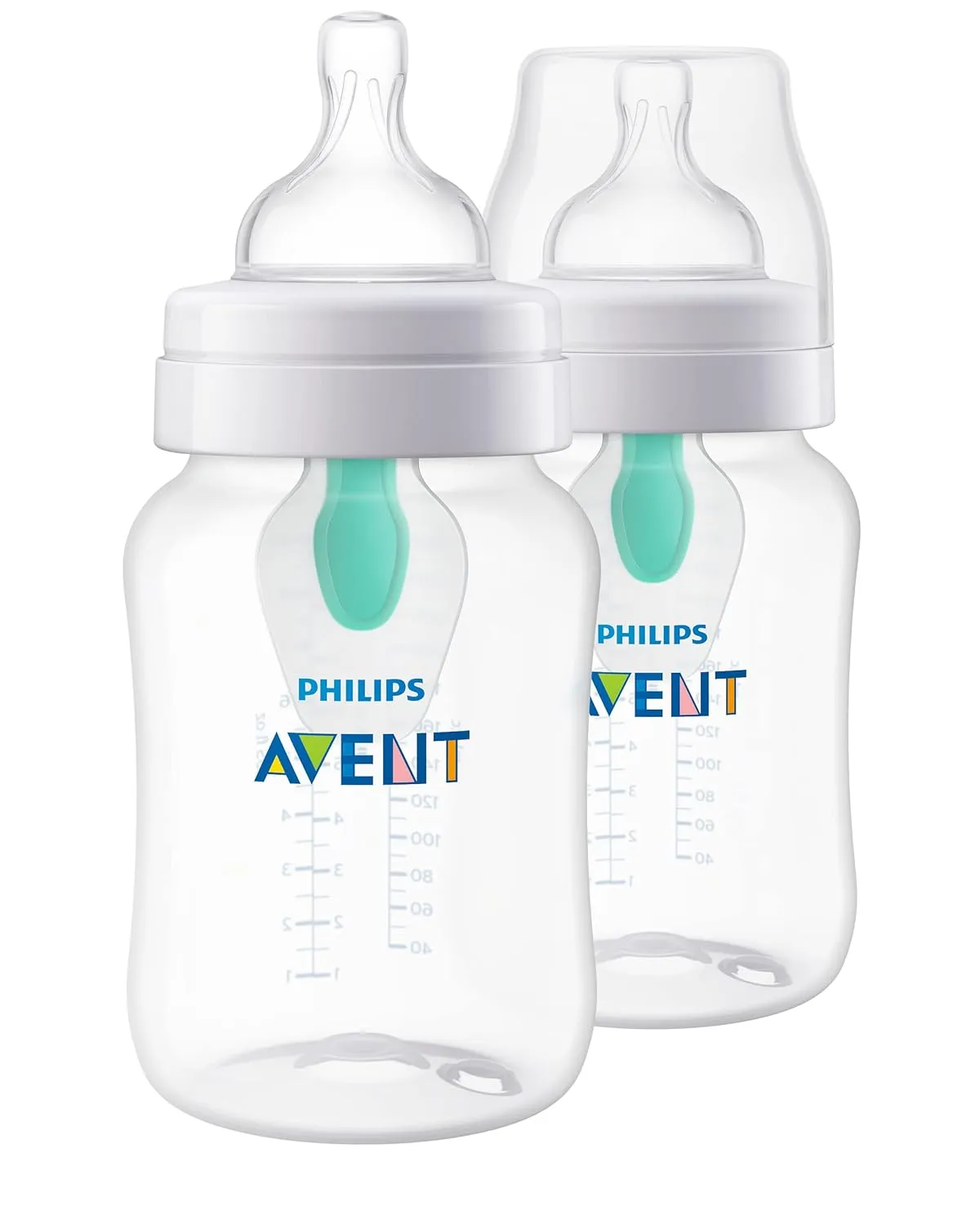 Philips Avent Anti-Colic Baby Bottle with AirFree Vent, 9oz, with Flow 2 Nipples, 1m , 2pk, Clear, SCY703/02