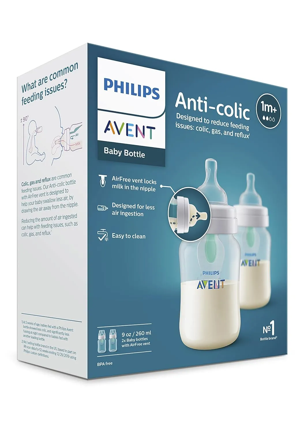 Philips Avent Anti-Colic Baby Bottle with AirFree Vent, 9oz, with Flow 2 Nipples, 1m , 2pk, Clear, SCY703/02