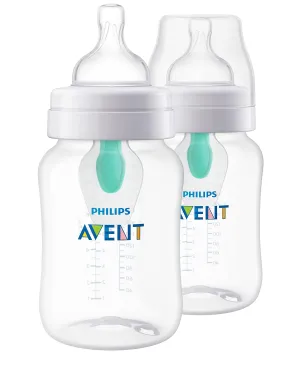 Philips Avent Anti-Colic Baby Bottle with AirFree Vent, 9oz, with Flow 2 Nipples, 1m , 2pk, Clear, SCY703/02
