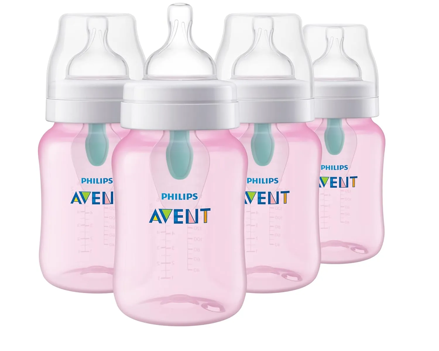 Philips Avent Anti-Colic Baby Bottle with AirFree Vent, 9oz, with Flow 2 Nipples, 1m , 4pk, Pink, SCY703/14