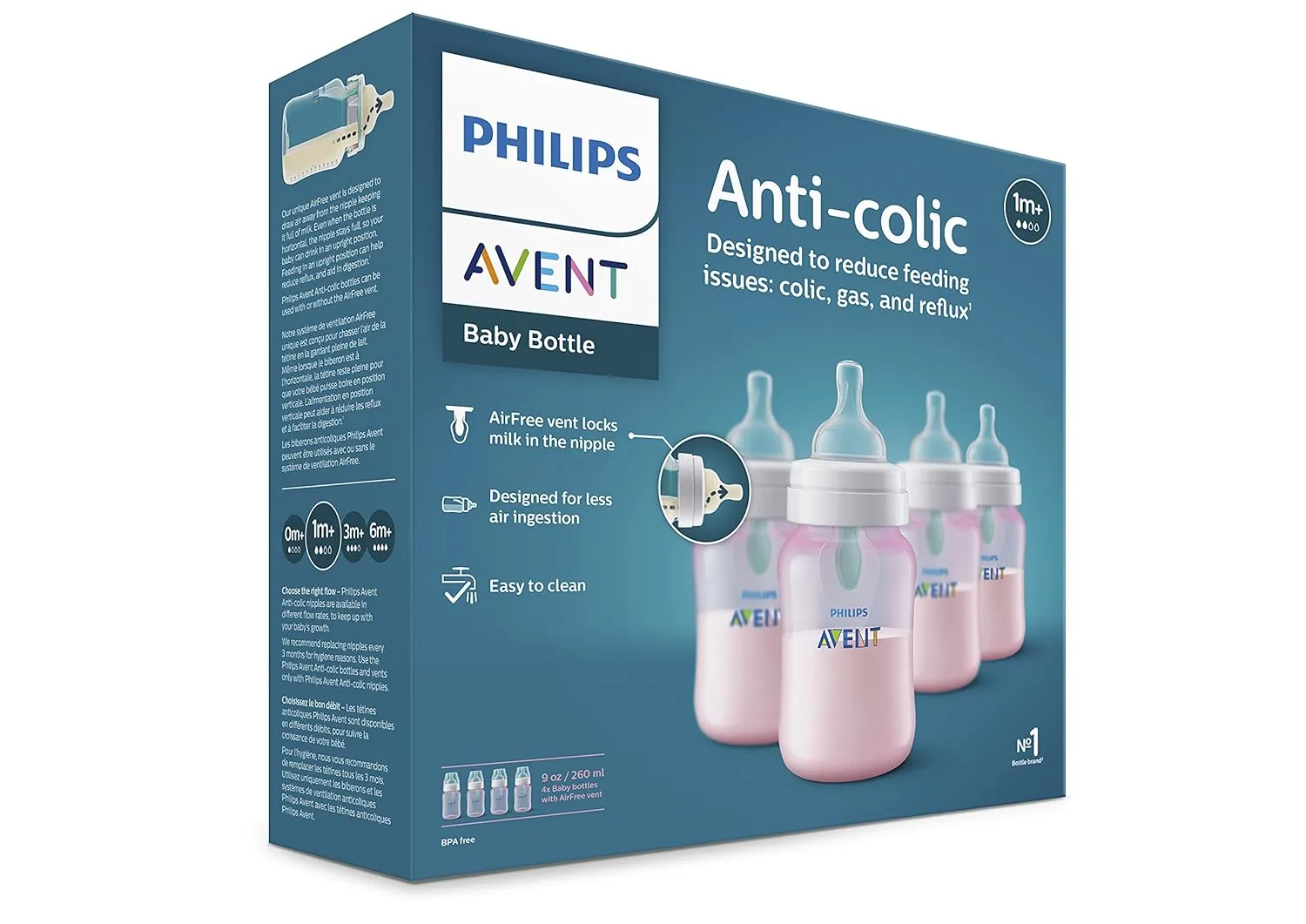 Philips Avent Anti-Colic Baby Bottle with AirFree Vent, 9oz, with Flow 2 Nipples, 1m , 4pk, Pink, SCY703/14