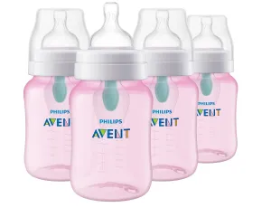 Philips Avent Anti-Colic Baby Bottle with AirFree Vent, 9oz, with Flow 2 Nipples, 1m , 4pk, Pink, SCY703/14