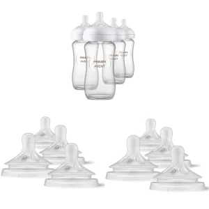 Philips AVENT Glass Natural Baby Bottles with Natural Response Nipples, Clear, 8oz, 4pk - Includes Flow 3M  and 6M  Nipples