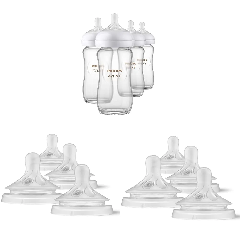 Philips AVENT Glass Natural Baby Bottles with Natural Response Nipples, Clear, 8oz, 4pk - Includes Flow 3M  and 6M  Nipples