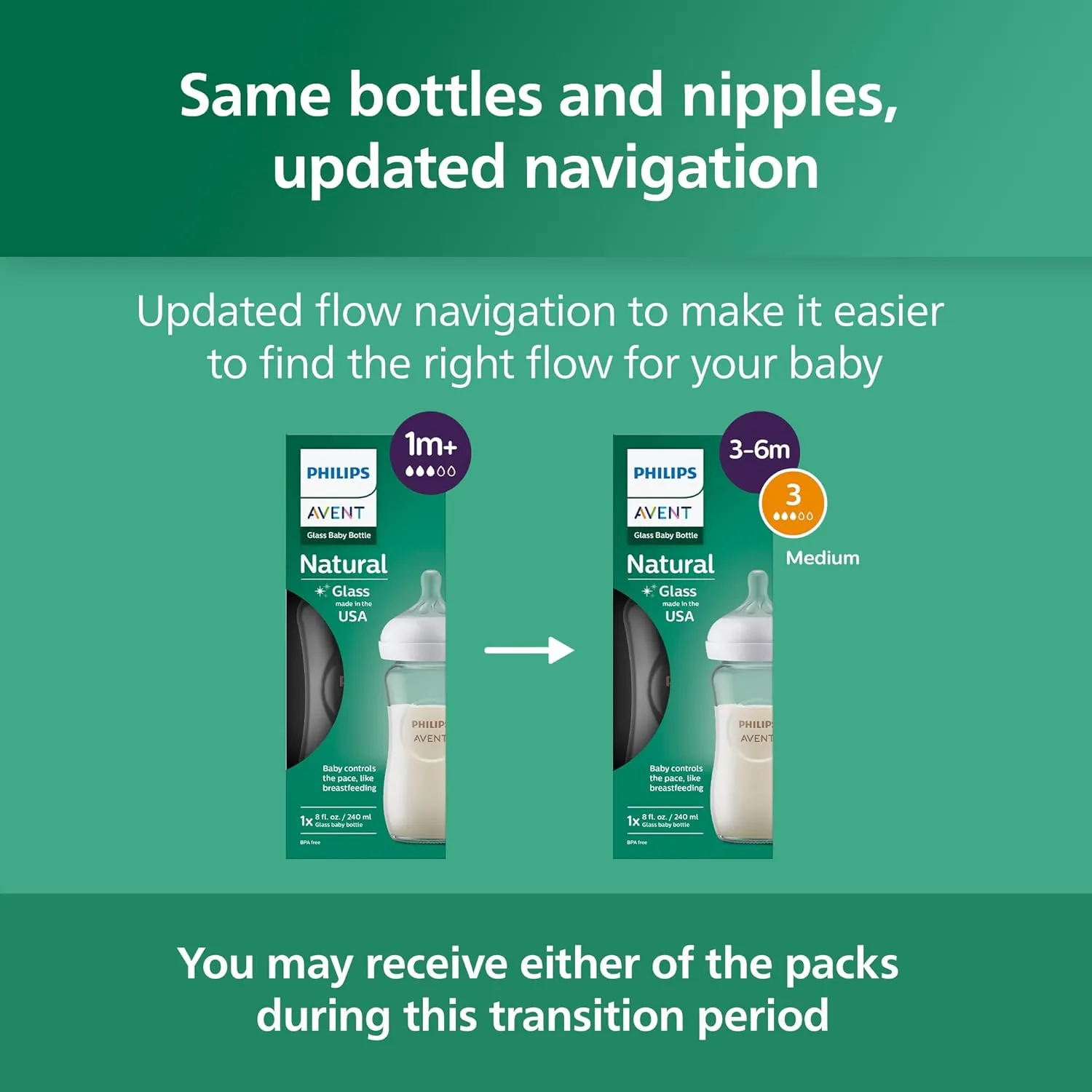 Philips Avent Natural Glass Baby Bottle with Natural Response Nipple (Medium Flow, Flow 3), 8oz, SCY913/01