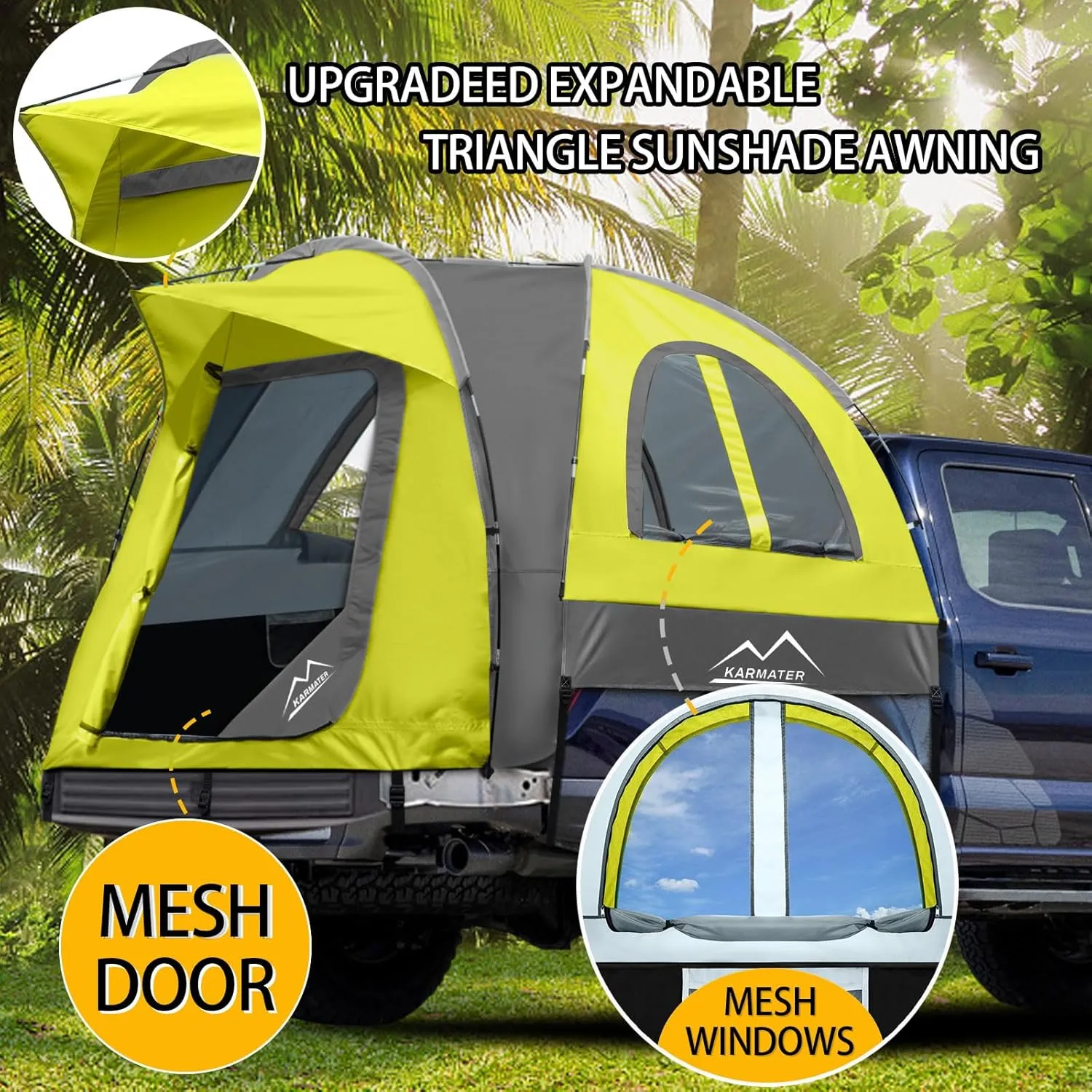 Pickup Truck Tent, Waterproof PU2000mm for Camping 5.5-6.5 Ft Bed, 2-Person Sleeping With Double Layer Design Windows, Expandable Triangle Sunshade Awning