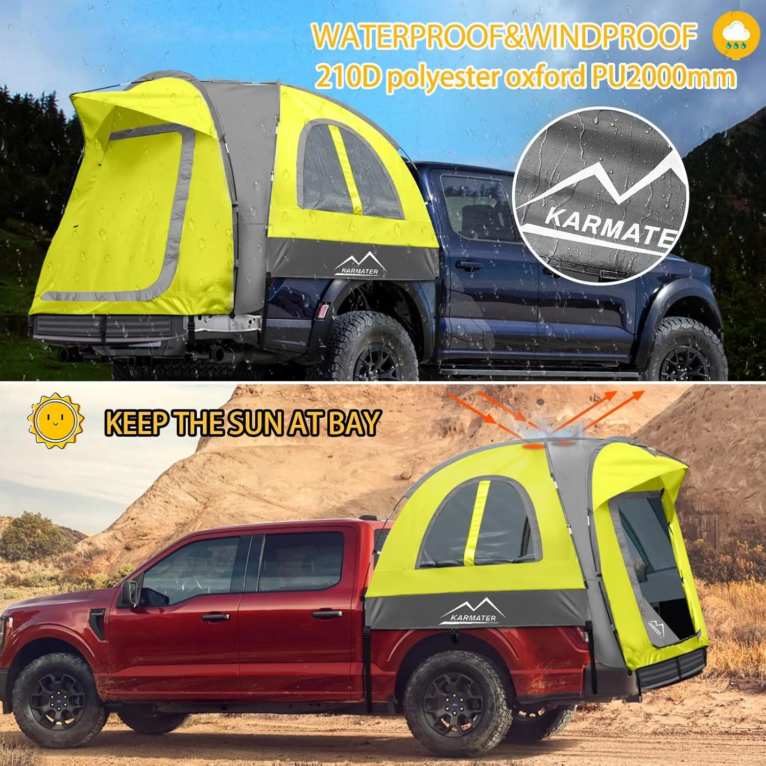 Pickup Truck Tent, Waterproof PU2000mm for Camping 5.5-6.5 Ft Bed, 2-Person Sleeping With Double Layer Design Windows, Expandable Triangle Sunshade Awning