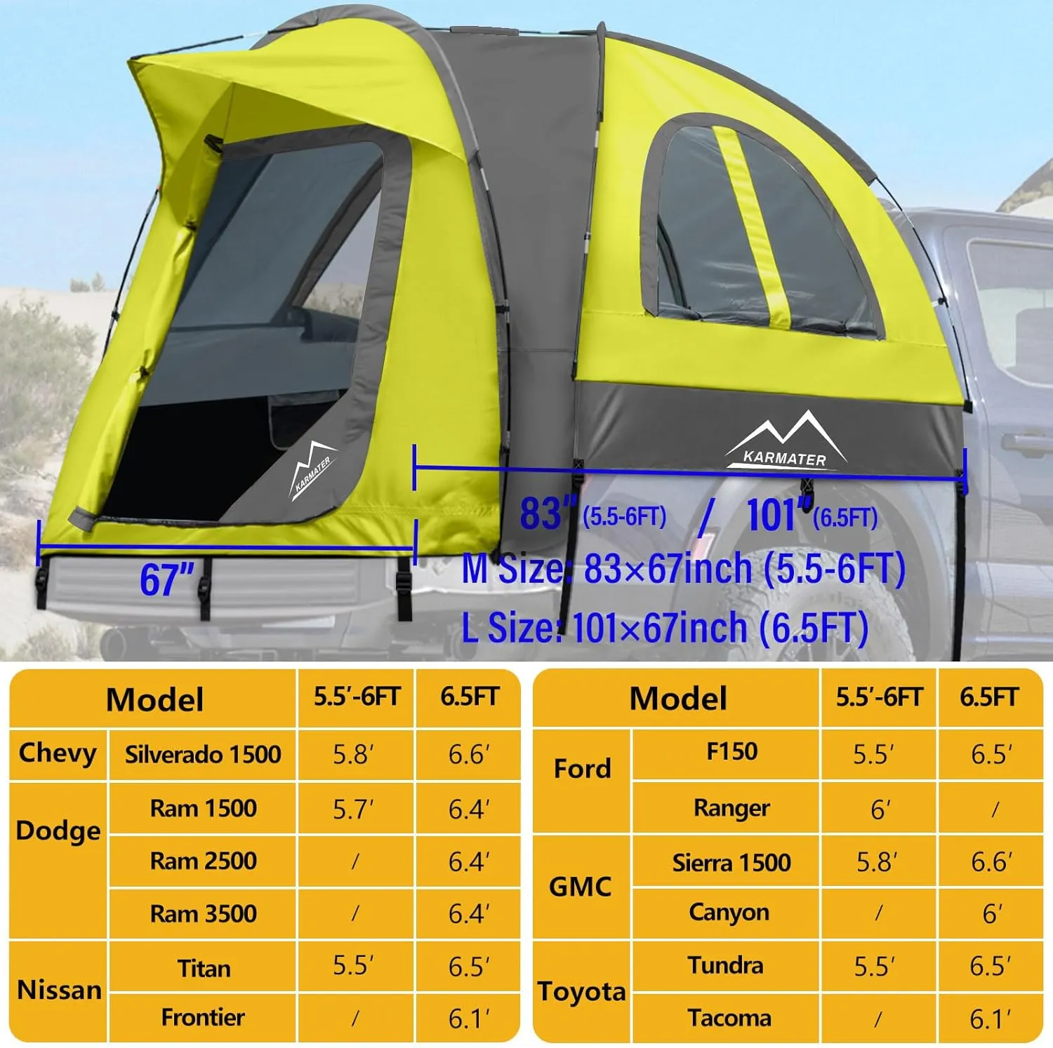Pickup Truck Tent, Waterproof PU2000mm for Camping 5.5-6.5 Ft Bed, 2-Person Sleeping With Double Layer Design Windows, Expandable Triangle Sunshade Awning