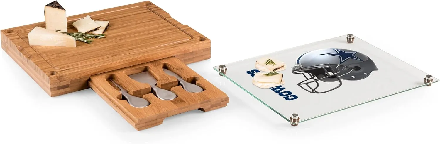PICNIC TIME NFL Concerto Glass Top Cheese Board and Knife Set - Charcuterie Board Set - Glass Top Cutting Board, (Bamboo)