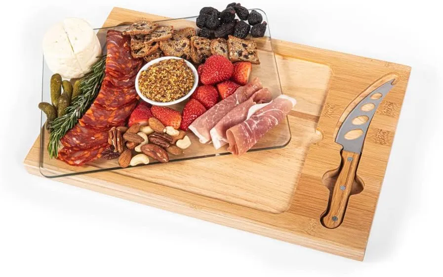 PICNIC TIME NFL Football Field Icon Glass Top Cutting Board & Knife Set, (Parawood & Bamboo)