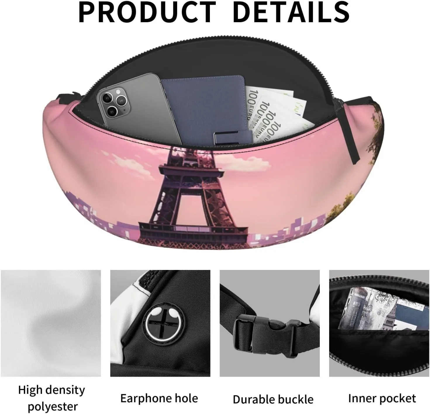 Pink Paris Fanny Pack for Man Women Waist Bag Adjustable Belt Casual Chest Bag Bum Bags for Travel Sports Running Hiking Waist Packs