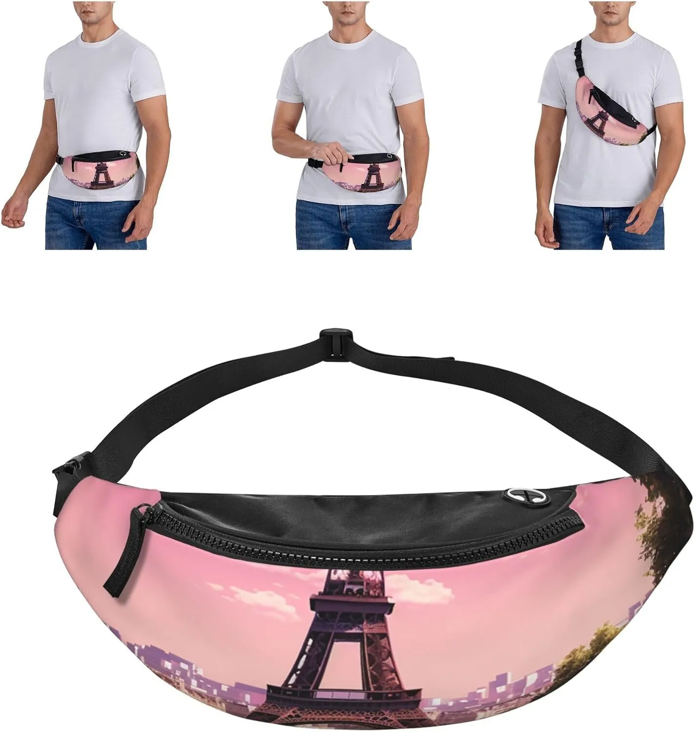 Pink Paris Fanny Pack for Man Women Waist Bag Adjustable Belt Casual Chest Bag Bum Bags for Travel Sports Running Hiking Waist Packs