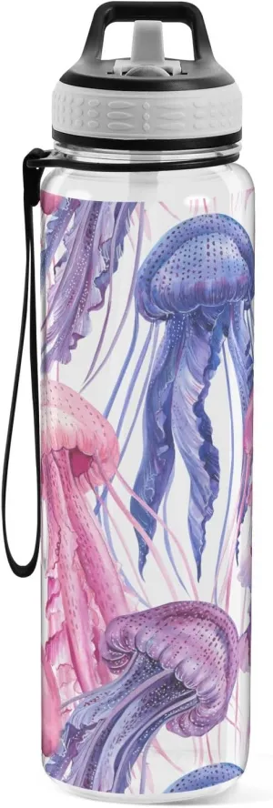 Pink Purple Jellyfishes Sports Water Bottle with Straw Lid Tritan Water Bottle Large 32oz BPA Free Clear Leakproof Drinking Bottle for Kids Boys Girls Women Men Gym School