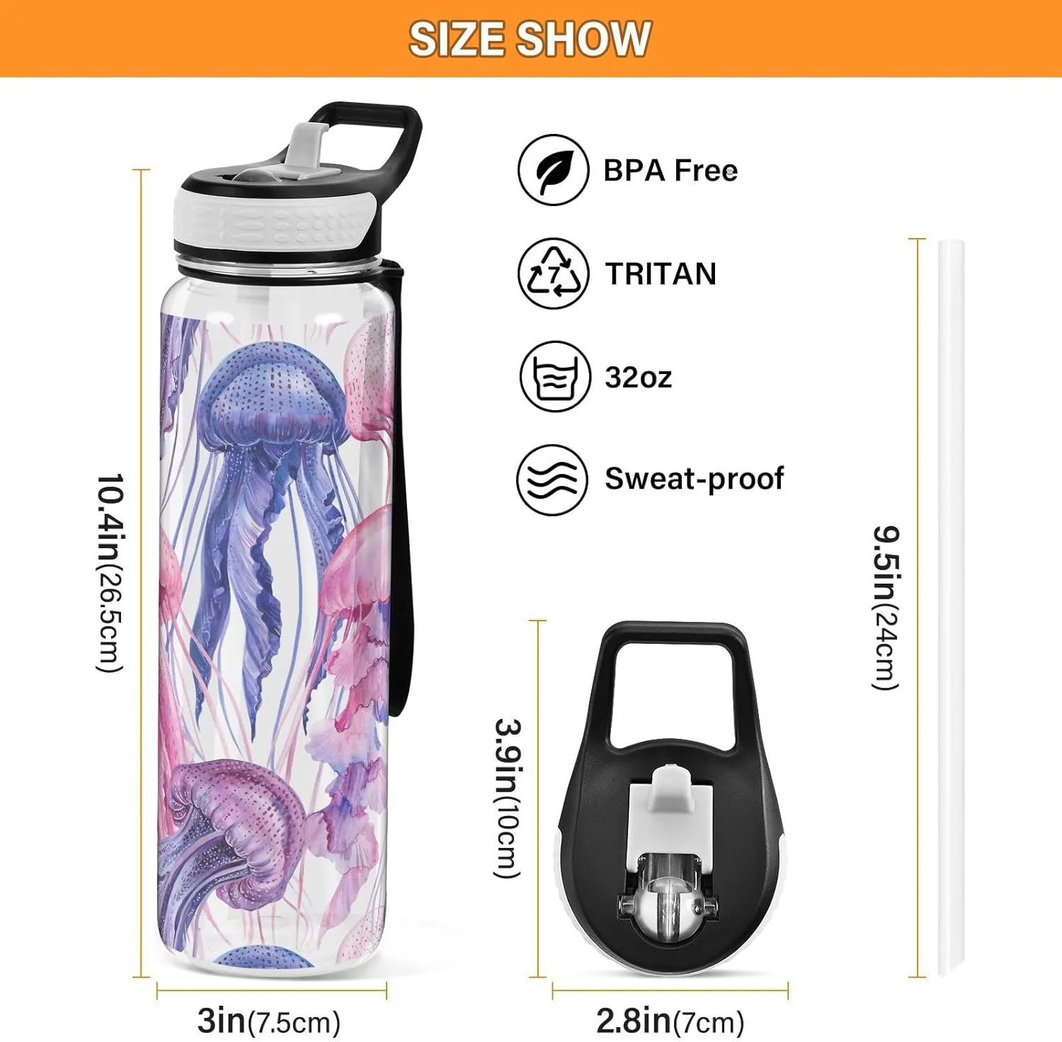 Pink Purple Jellyfishes Sports Water Bottle with Straw Lid Tritan Water Bottle Large 32oz BPA Free Clear Leakproof Drinking Bottle for Kids Boys Girls Women Men Gym School