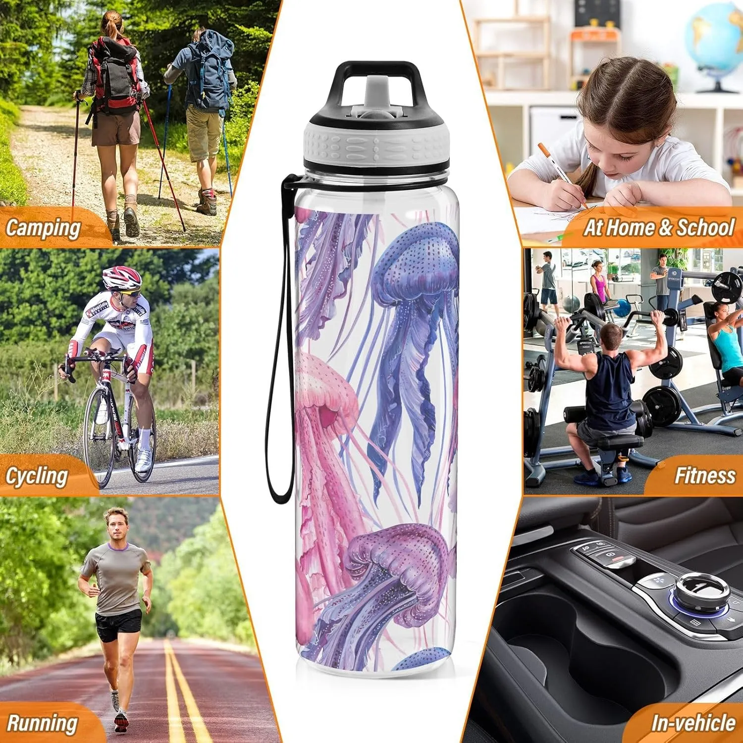 Pink Purple Jellyfishes Sports Water Bottle with Straw Lid Tritan Water Bottle Large 32oz BPA Free Clear Leakproof Drinking Bottle for Kids Boys Girls Women Men Gym School