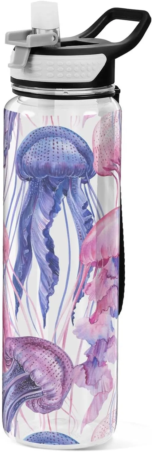 Pink Purple Jellyfishes Sports Water Bottle with Straw Lid Tritan Water Bottle Large 32oz BPA Free Clear Leakproof Drinking Bottle for Kids Boys Girls Women Men Gym School