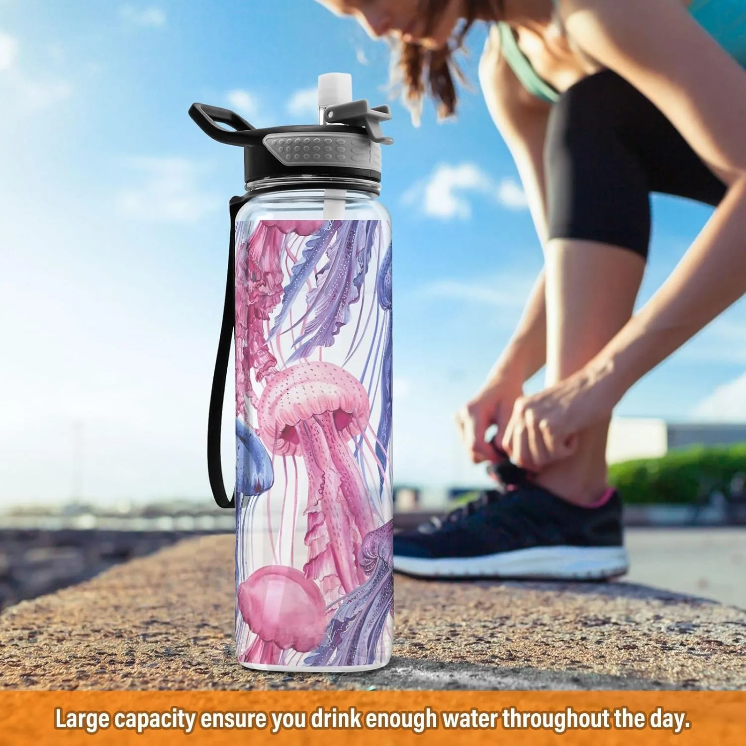 Pink Purple Jellyfishes Sports Water Bottle with Straw Lid Tritan Water Bottle Large 32oz BPA Free Clear Leakproof Drinking Bottle for Kids Boys Girls Women Men Gym School