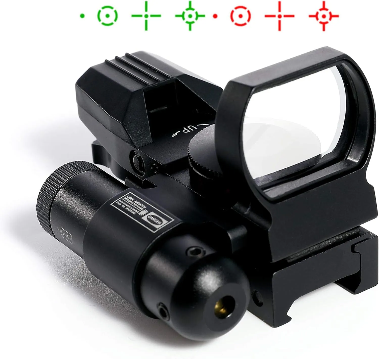 PINTY Reflex Sight with 4 Reticle Optics, Red Dot Sight with Laser, Red & Green Dot Sight Optics with 5 Brightness Levels for 20MM Picatinny Weaver Rails