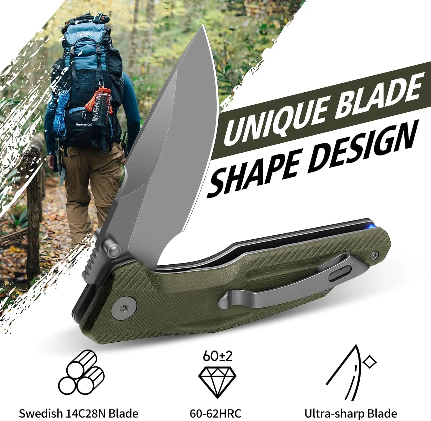 Pocket Knife, 3.26" Premium 14C28N Blade G10 Handle with Fire Starter Function, Folding Knife with Pocket Clip for Men Women, EDC Knife for Outdoor Camping, Hunting, Hiking, Survival, Falcon Series