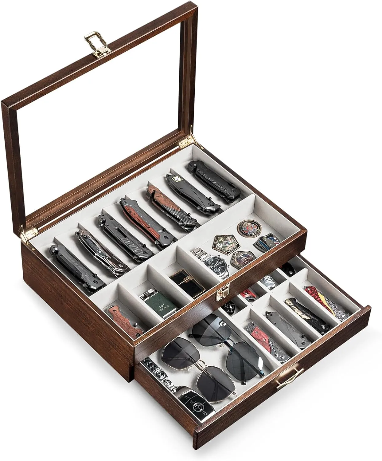 Pocket Knife Display Case for Collection of 17-23 Folding Knives, Pocket Case with Real Glass Window Top, Two-Tier Knife Organizer Storage Box, Men's Gift (Walnut)