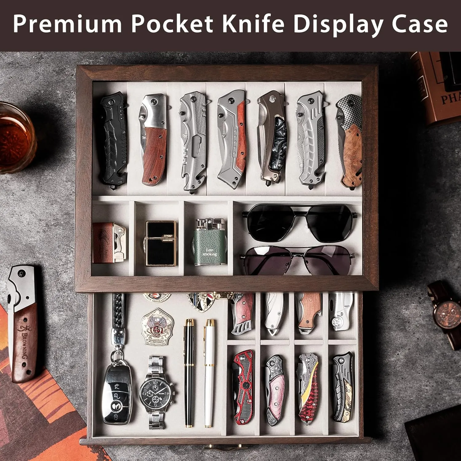 Pocket Knife Display Case for Collection of 17-23 Folding Knives, Pocket Case with Real Glass Window Top, Two-Tier Knife Organizer Storage Box, Men's Gift (Walnut)