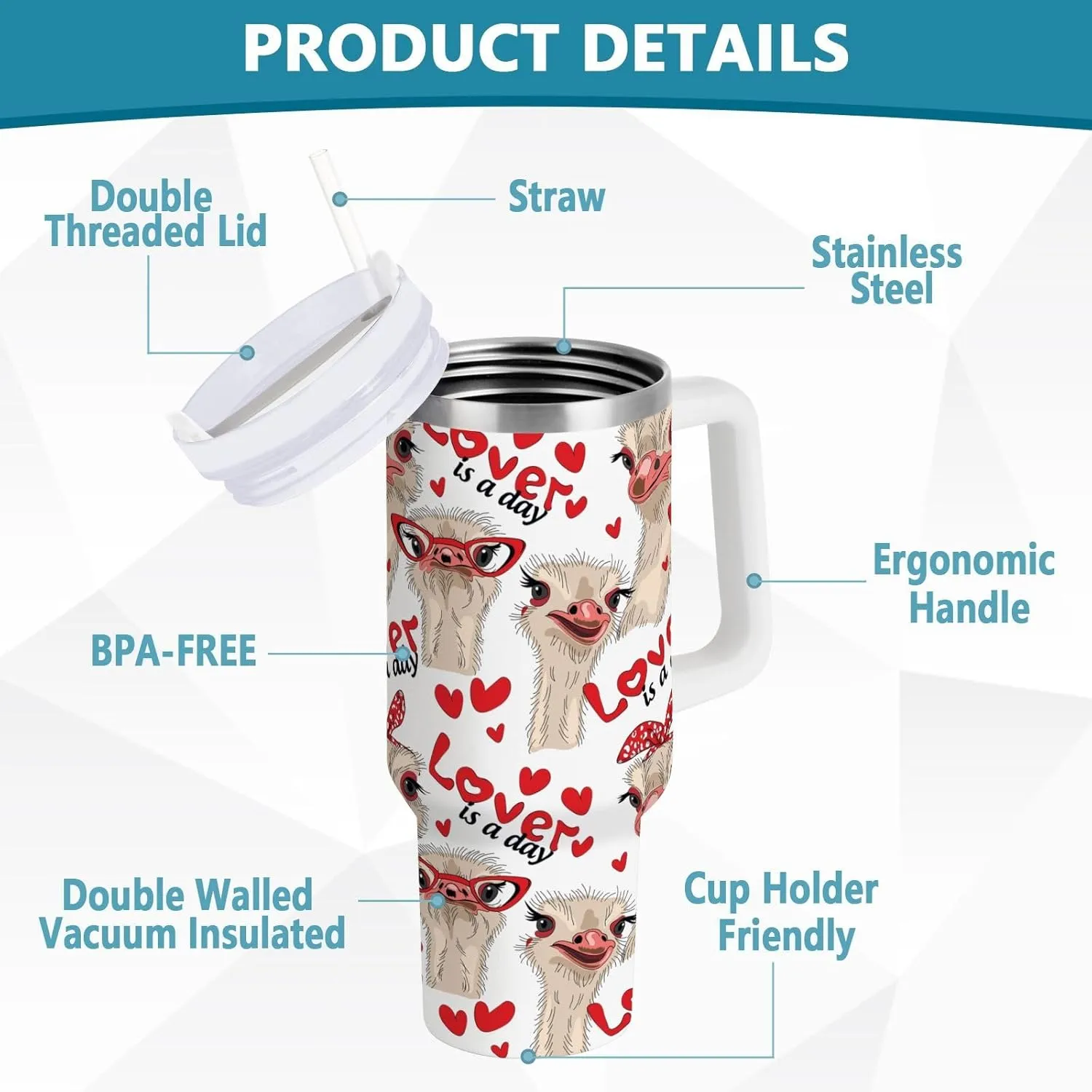 Poeticcity Stainless Steel Car Travel Mug, Thermal Tumbler Insulated Water Bottle Hot Holder Vacuum Coffee Cold Tea Cup 40 oz Ostriches with Red Glasses Hairpins Lover is a Day Letterings