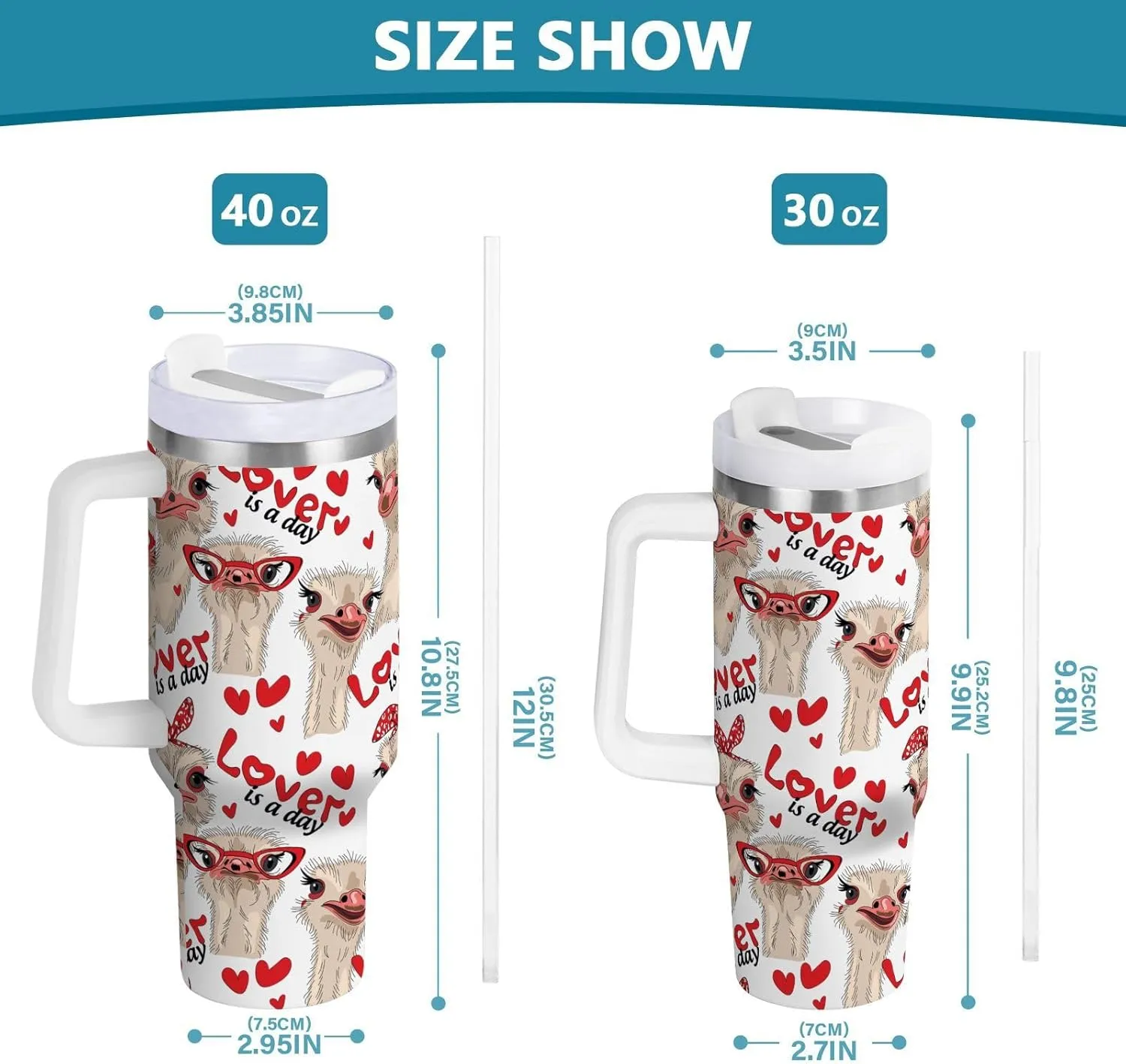 Poeticcity Stainless Steel Car Travel Mug, Thermal Tumbler Insulated Water Bottle Hot Holder Vacuum Coffee Cold Tea Cup 40 oz Ostriches with Red Glasses Hairpins Lover is a Day Letterings