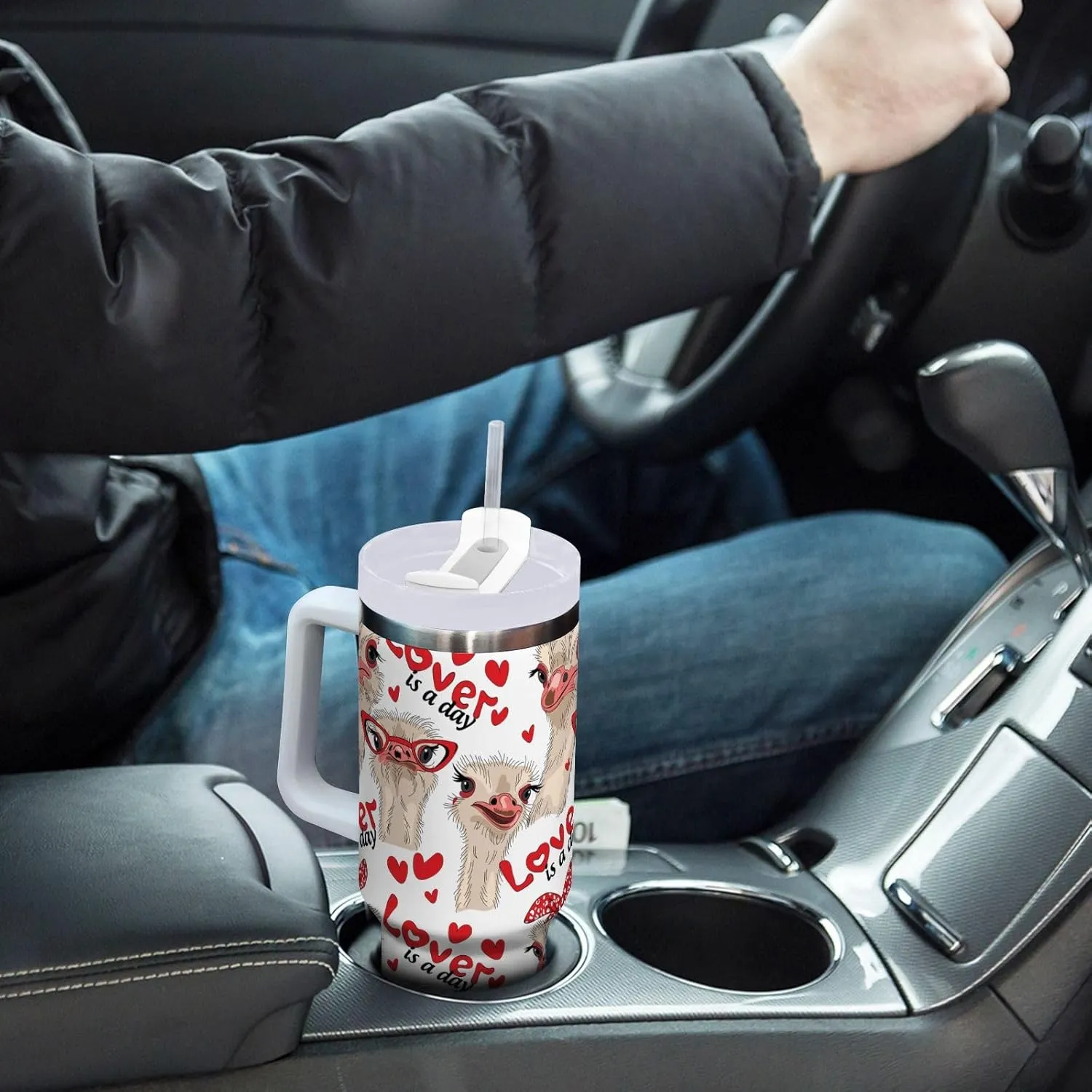 Poeticcity Stainless Steel Car Travel Mug, Thermal Tumbler Insulated Water Bottle Hot Holder Vacuum Coffee Cold Tea Cup 40 oz Ostriches with Red Glasses Hairpins Lover is a Day Letterings
